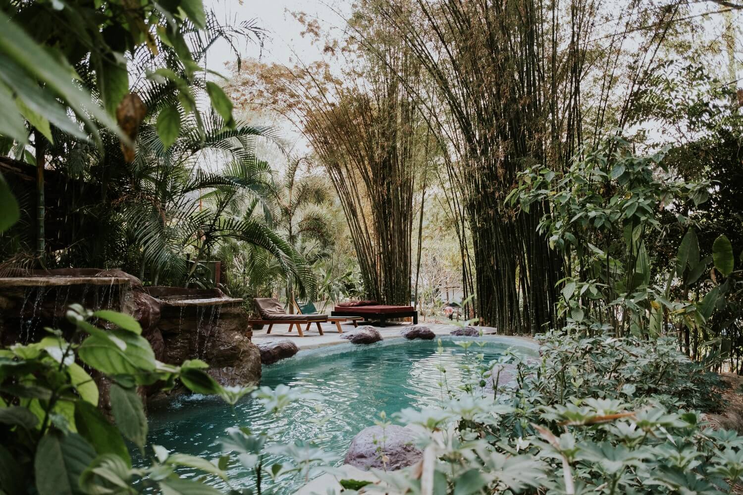 In Luang Prabang, a pool nestled within a lush landscape of trees and bamboo creates a serene oasis for relaxation.