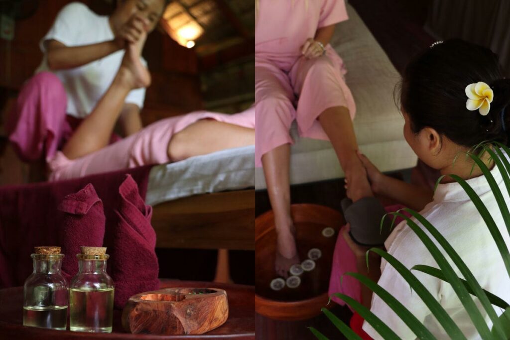 A woman is indulging in a relaxing foot massage at a spa, promoting her wellbeing.