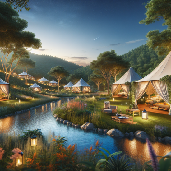 Portrait of glamping tents along the Nam Khan river in Laos