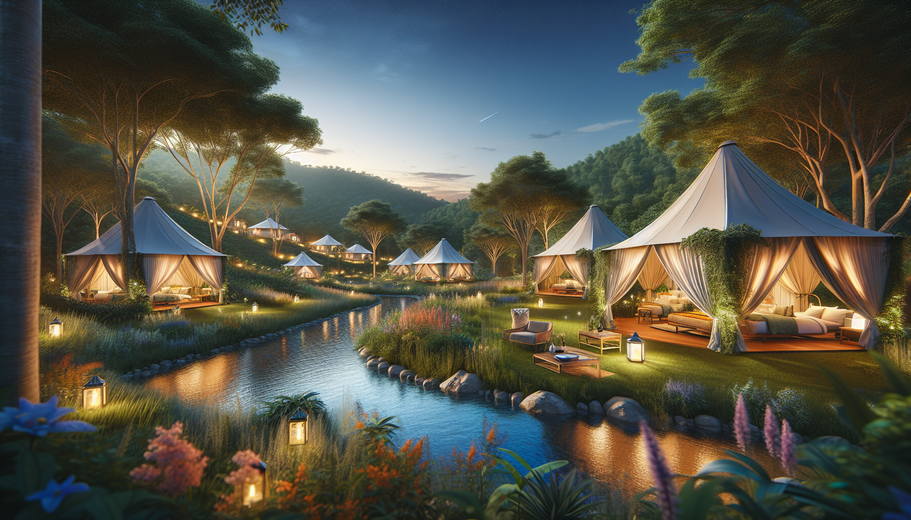 Portrait of glamping tents along the Nam Khan river in Laos