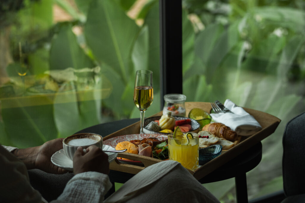 Enjoying the breakfast in Room